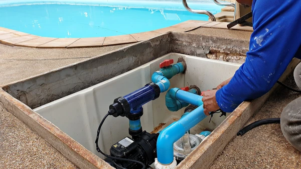 Technicien en combinaison bleue intervenant sur système de filtration piscine dans local technique bétonné