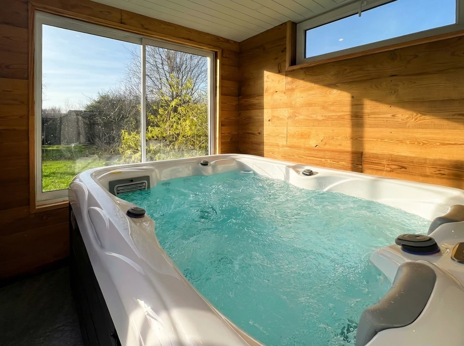 Jacuzzi intérieur encastré dans une cabine en bois, eau turquoise bouillonnante avec jets actifs visibles