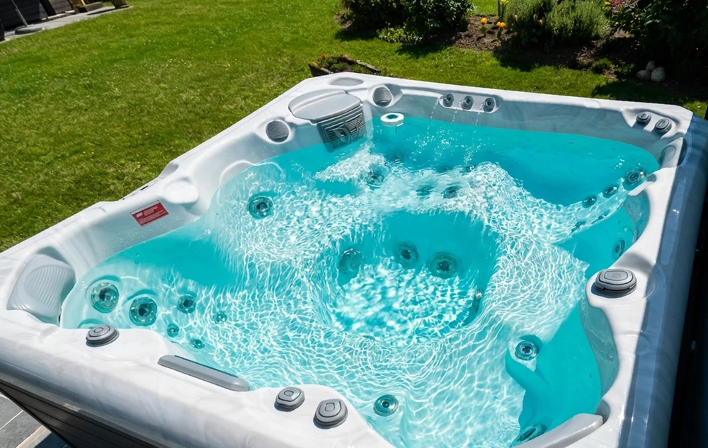 Jacuzzi extérieur haut de gamme installé dans un jardin verdoyant