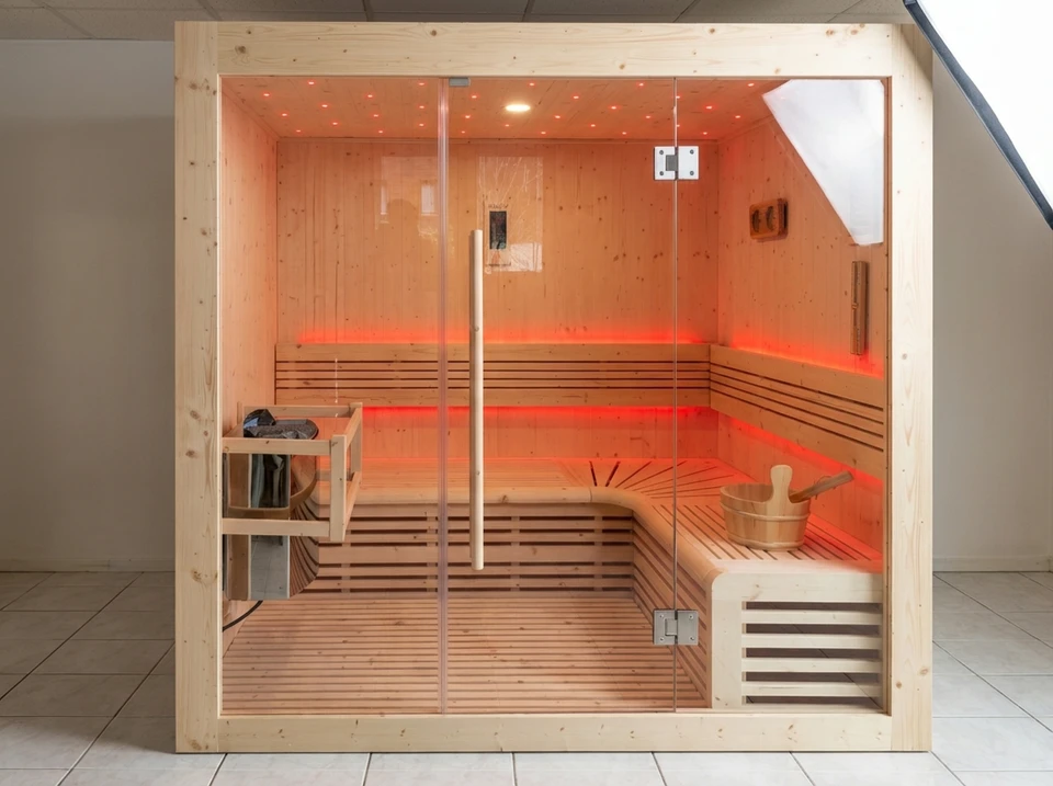 Intérieur de sauna finlandais en bois de pin naturel avec bancs étagés, éclairage LED ambré intégré
