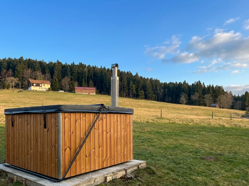 Baquet nordique en bois chauffé en bois (hot tub scandinave rond), installé en extérieur sur une terrasse ou dans un jardin, avec de la vapeur s'échappant de la surface de l'eau fumante par une soirée hivernale. Vue de côté ou légèrement en plongée montrant le baquet rempli d'eau chaude, la structure en bois naturel, avec un environnement extérieur boisé ou enneigé en arrière-plan pour créer une ambiance de sérénité et de bien-être nordique authentique.