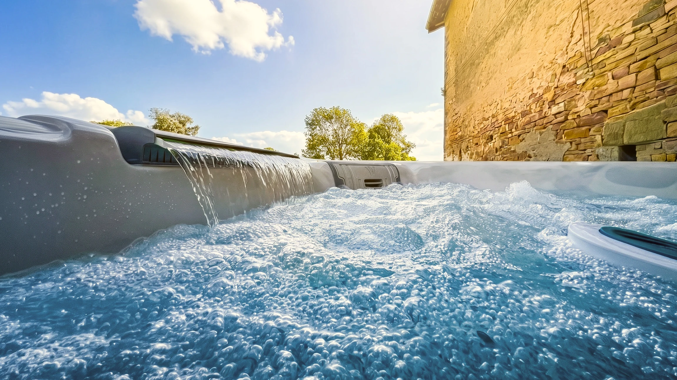 Piscine rectangulaire extérieure privée aux eaux turquoise, entourée d'une margelle en béton beige poli