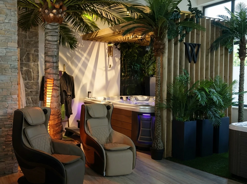 Fauteuil au design ottoman danois dans un confortable salon moderne meublé d'intérieur style années 60 avec une étagère murale et une machine à écrire sur le sol en bois d'une Lampe orange