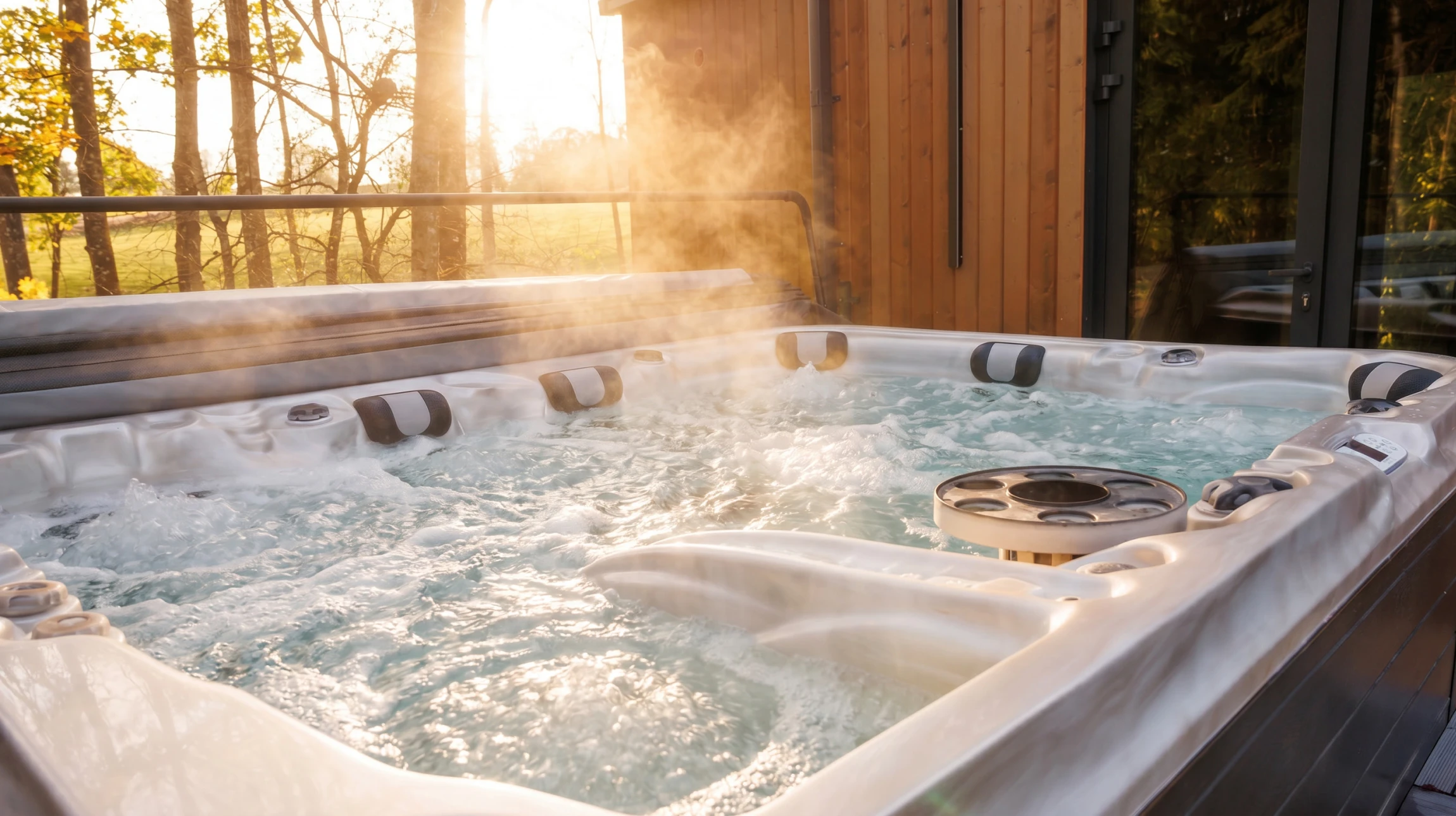 Scène extérieure montrant un spa ou jacuzzi en fonctionnement avec cascade d'eau, entouré de végétation fleurie rose et mobilier moderne gris
