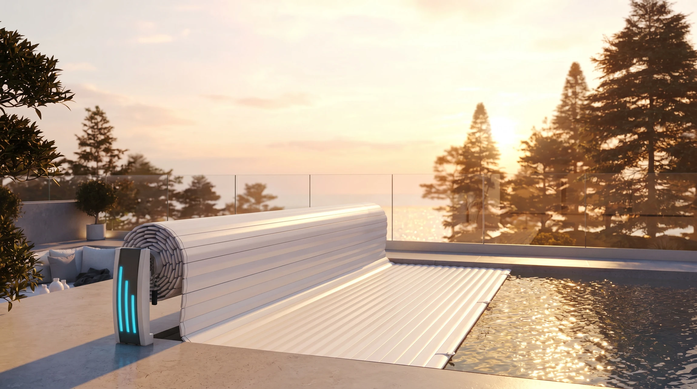 Jardin paysager contemporain avec piscine couverte d'un abri télescopique transparent, terrasse en lames de bois composite, massifs floraux et végétation variée
