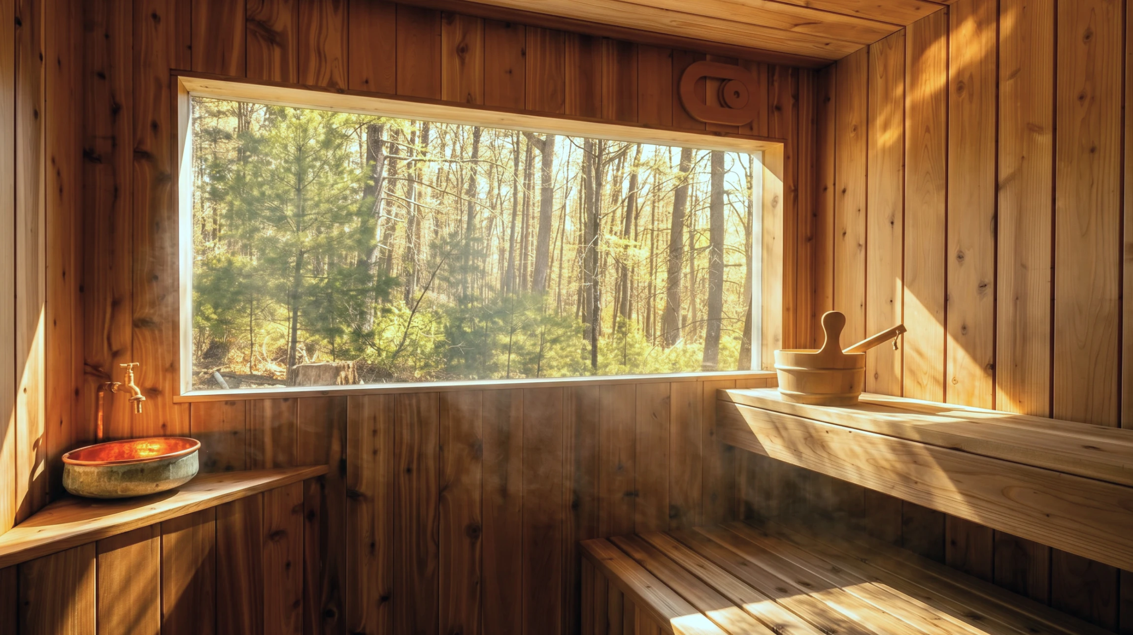 Intérieur de sauna finlandais traditionnel avec banquettes en bois étagées, vapeur visible s'échappant du poêle à pierres volcaniques
