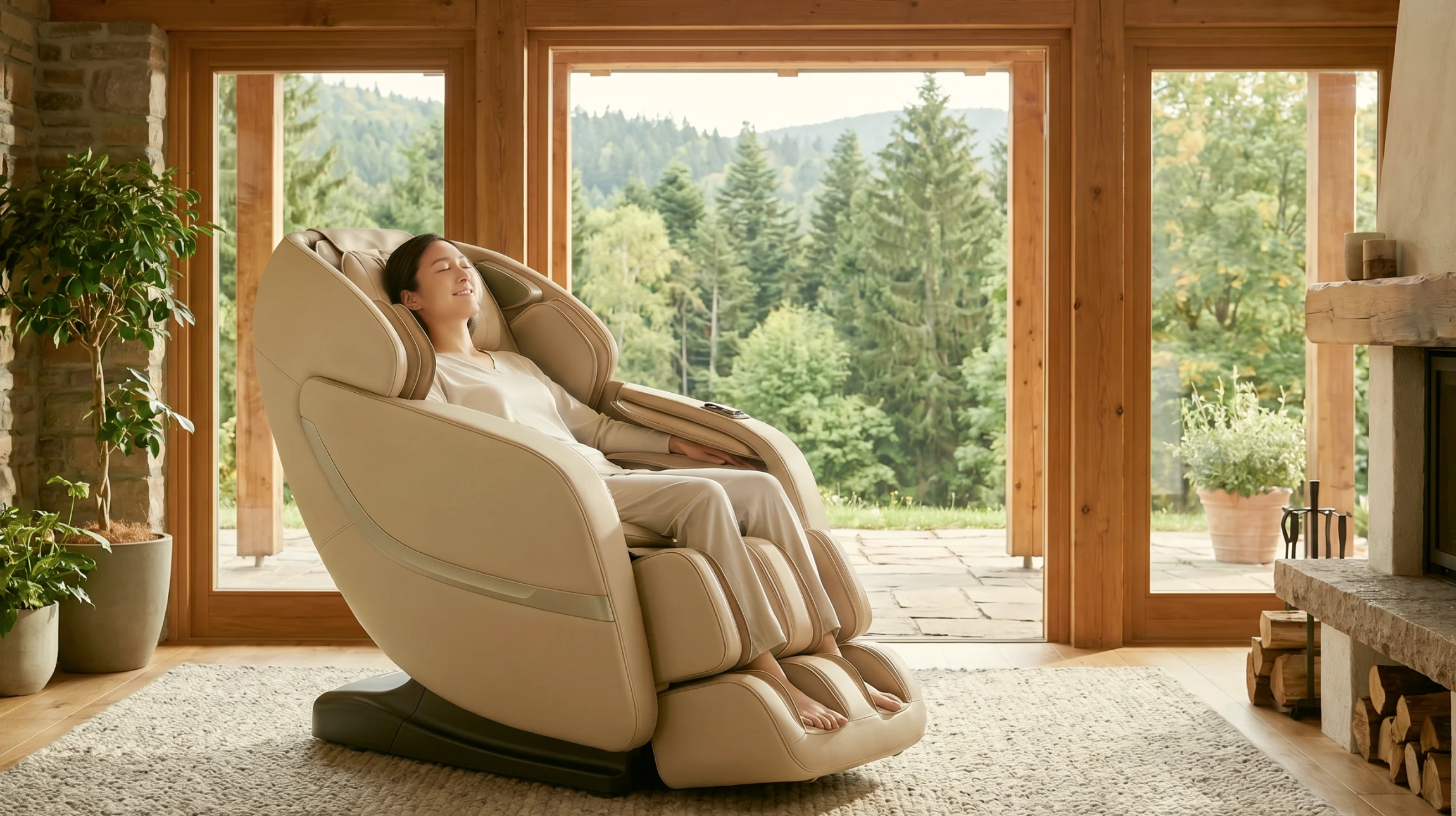 Fauteuil de relaxation en cuir gris clair en position inclinée avec repose-pieds déployé, sur fond blanc neutre